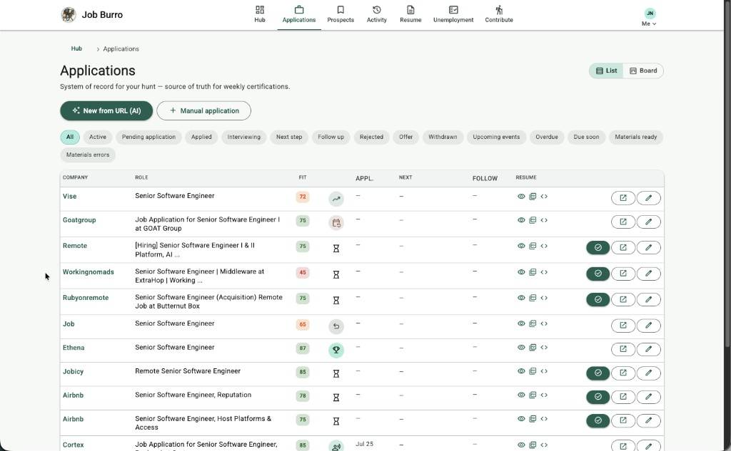 Applications list with company, role, fit score, status, and resume actions