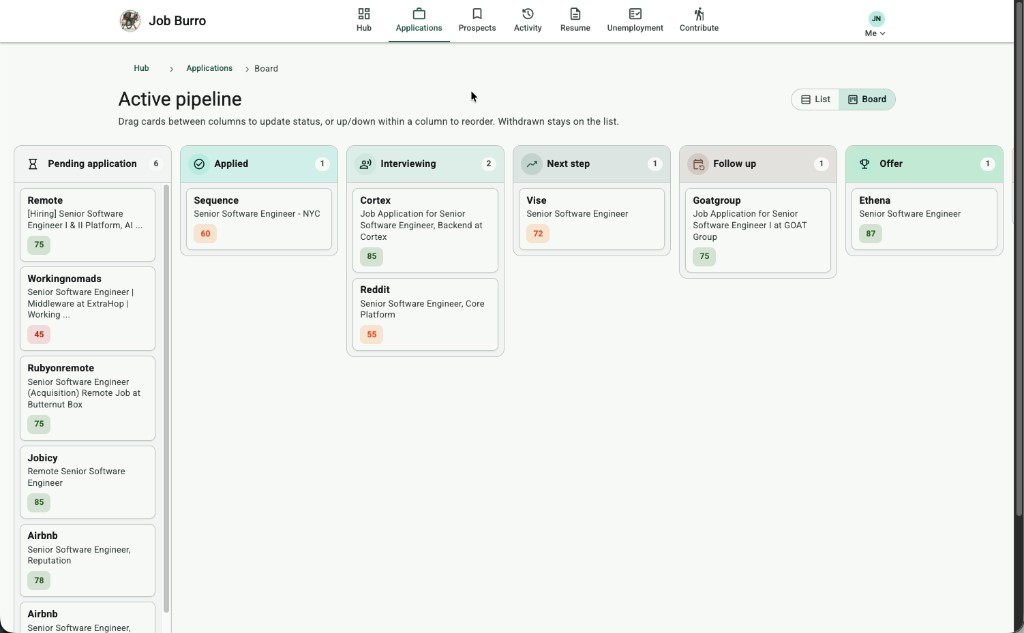 Kanban board of job applications across pipeline stages