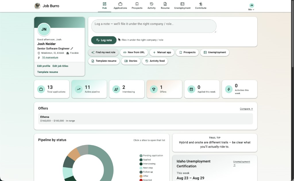 Job Burro Hub with profile, note composer, quick actions, and pipeline stats